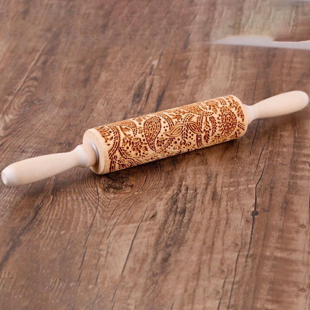 Engraved Wooden Rolling Pin | Floral & Tree Pattern Embossing | Decorative Dough Roller for Cookies, Pastries and Pie Crusts