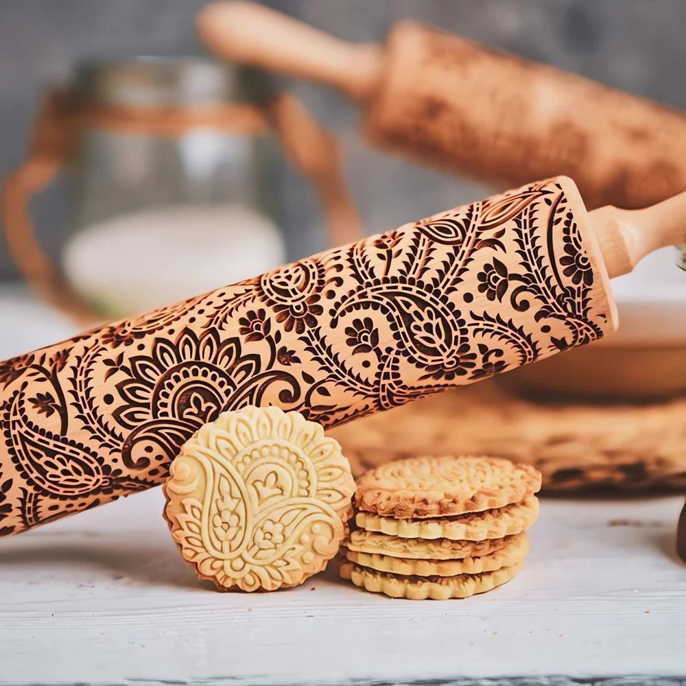 Engraved Wooden Rolling Pin | Floral & Tree Pattern Embossing | Decorative Dough Roller for Cookies, Pastries and Pie Crusts