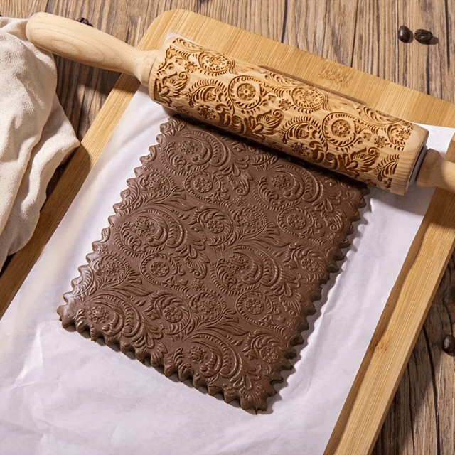 Engraved Wooden Rolling Pin | Laser-Etched Floral & Geometric Patterns | Embossed Cookie and Fondant Dough Roller Tool