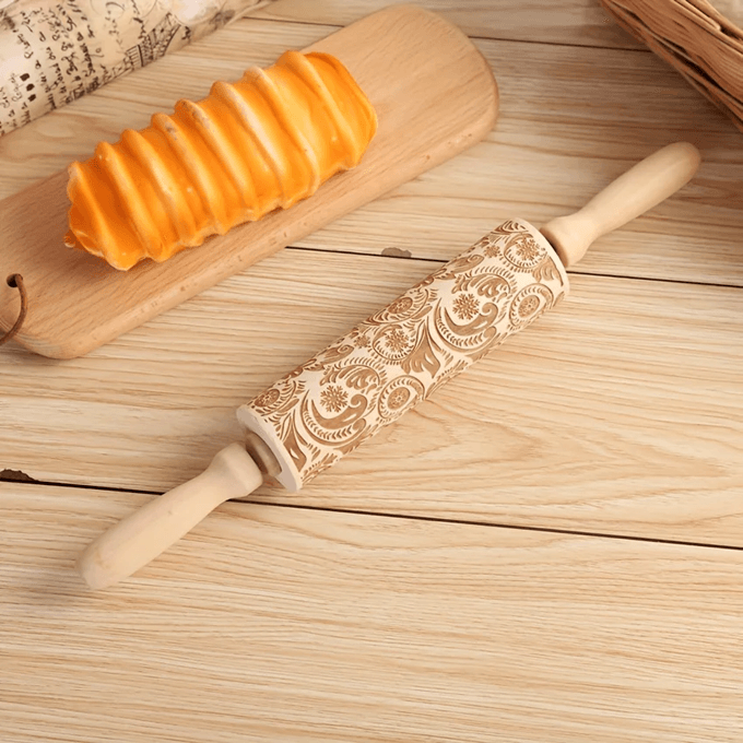 Engraved Wooden Rolling Pin | Laser-Etched Floral & Geometric Patterns | Embossed Cookie and Fondant Dough Roller Tool