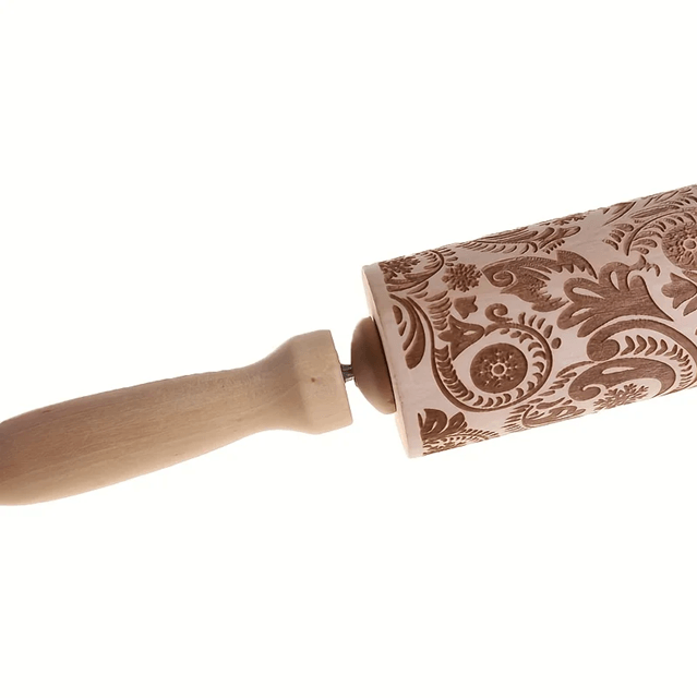 Engraved Wooden Rolling Pin | Laser-Etched Floral & Geometric Patterns | Embossed Cookie and Fondant Dough Roller Tool