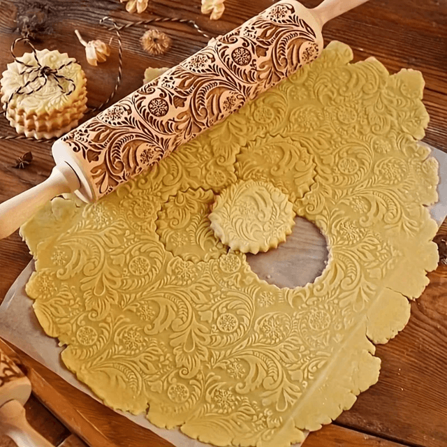 Engraved Wooden Rolling Pin | Laser-Etched Floral & Geometric Patterns | Embossed Cookie and Fondant Dough Roller Tool