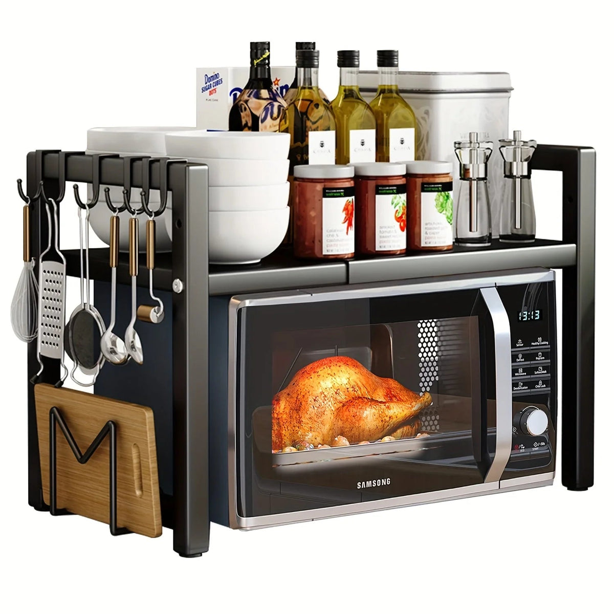 Expandable Microwave Oven Shelf | Six-Hook Storage Rack