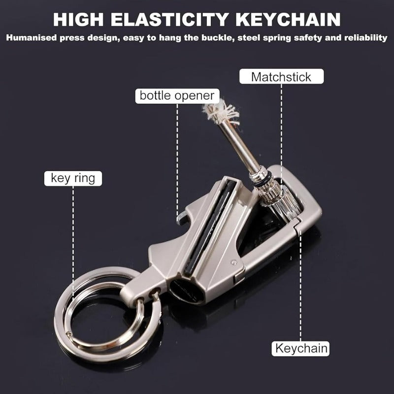 Flame Starter Keychain Zinc Alloy and Steel | 3-in-1 Bottle Opener, Carabiner Clip | Windproof Refillable Kerosene Flame