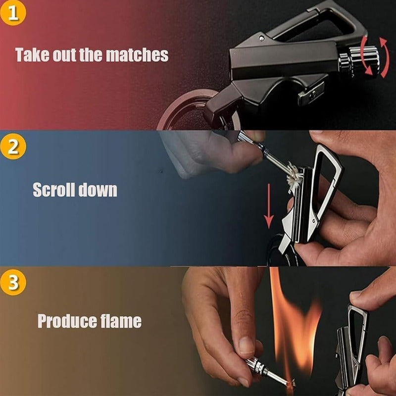 Flame Starter Keychain Zinc Alloy and Steel | 3-in-1 Bottle Opener, Carabiner Clip | Windproof Refillable Kerosene Flame