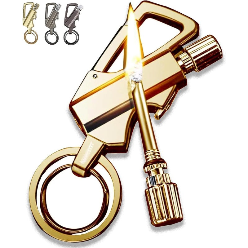 Flame Starter Keychain Zinc Alloy and Steel | 3-in-1 Bottle Opener, Carabiner Clip | Windproof Refillable Kerosene Flame