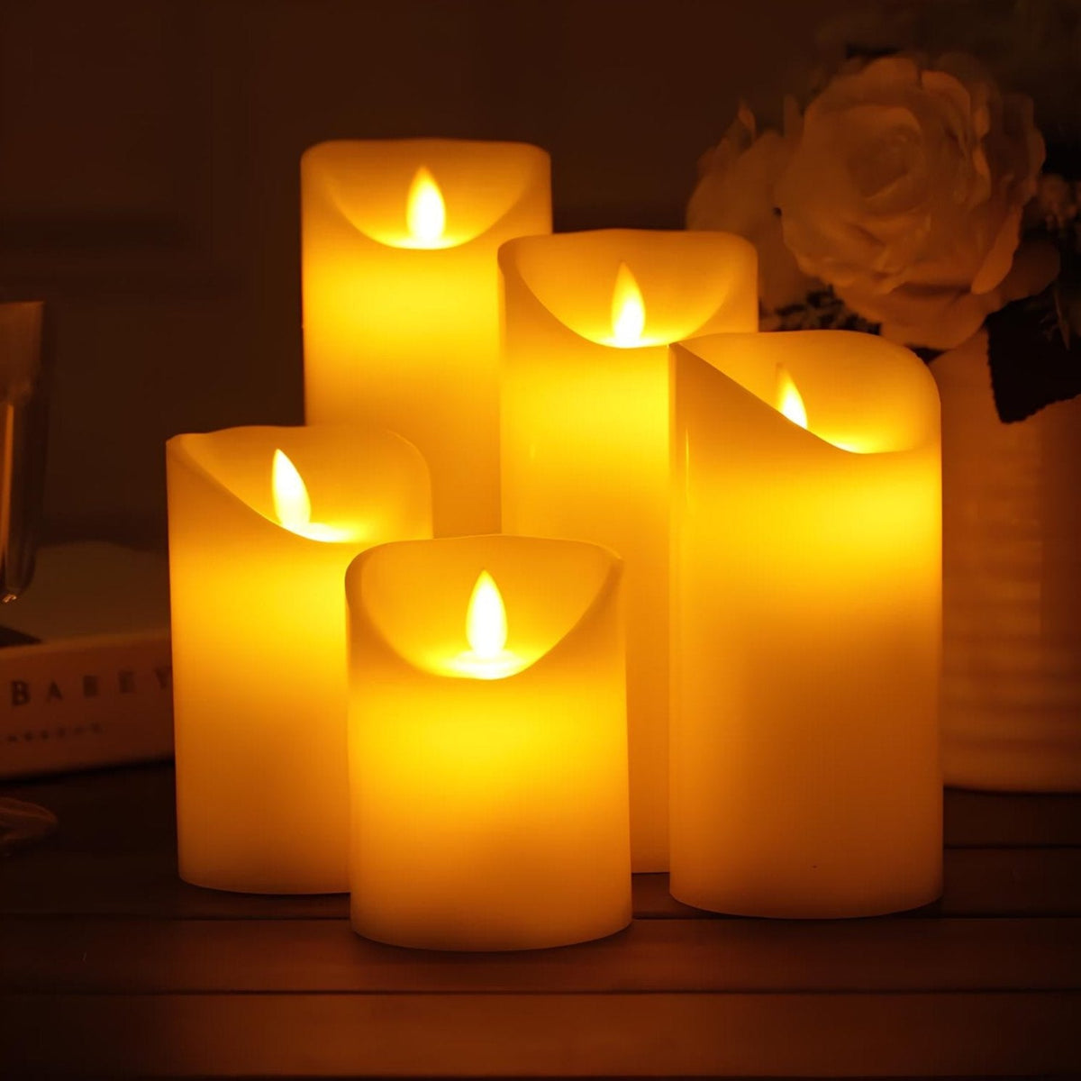Flameless LED Block Candles ABS 5-Piece Set, 10-20 cm | Realistic Flicker Effect | Battery-Powered, No Open Flame