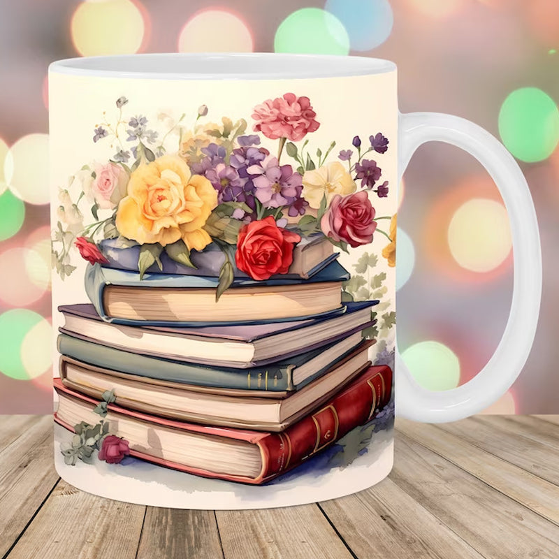 Floral Coffee Mug Textured Ceramic Dishwasher Safe with Raised Book Design