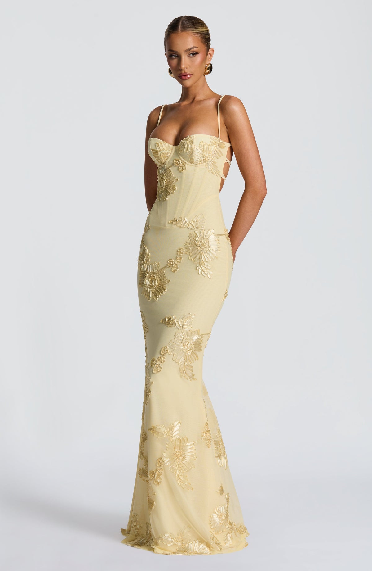 Floral Maxi Dress - Stretch Mesh - Underwired - Lace-Up - Lemon