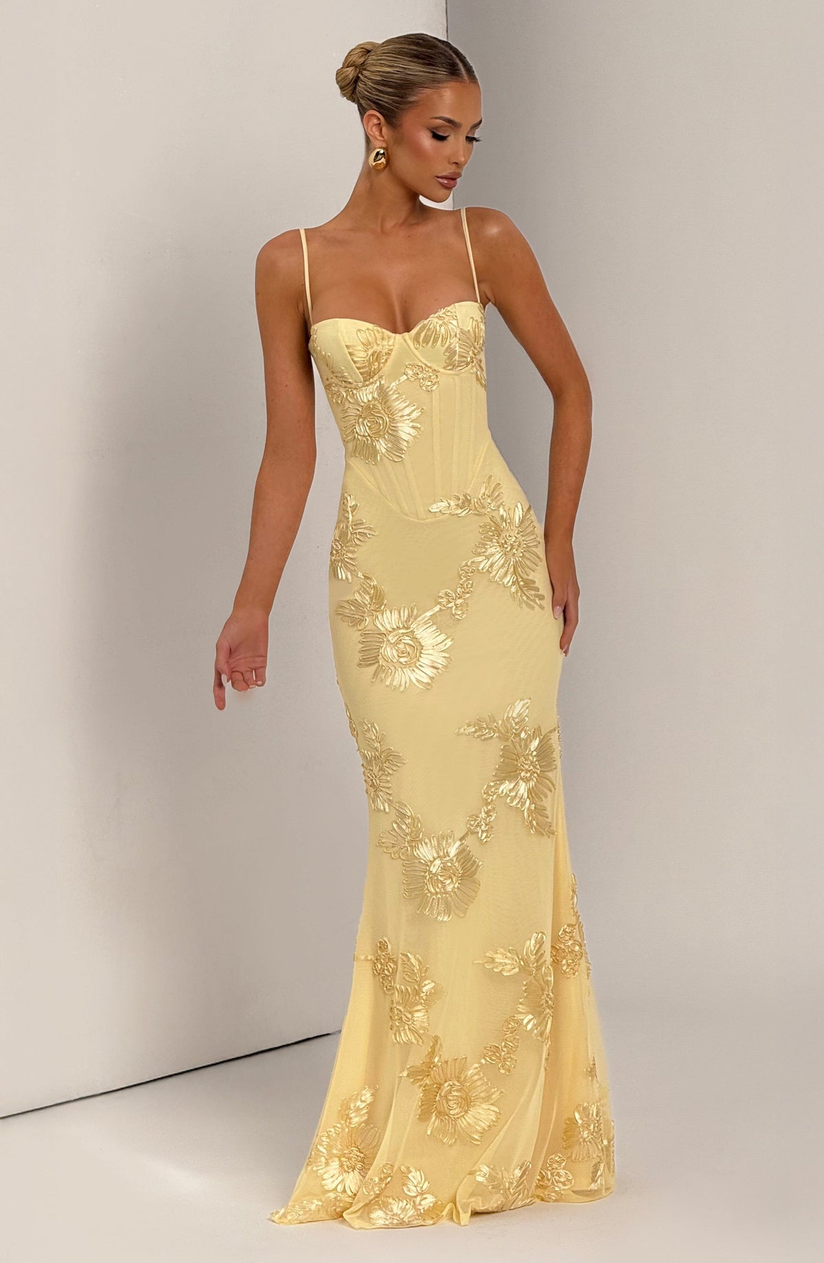 Floral Maxi Dress - Stretch Mesh - Underwired - Lace-Up - Lemon