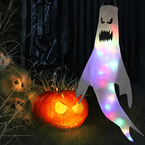Flying Ghost Halloween Decoration | LED Light-Up Option, Hangs Anywhere | Reusable Fabric Party Prop & Photo Booth