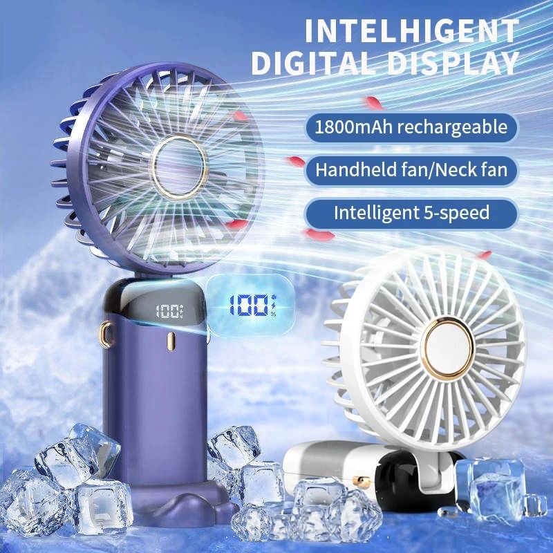 Foldable Neck Fan Handheld | 3-in-1 Desk Fan with LED Display and Phone Stand | 5-Speed Dual Battery USB Rechargeable