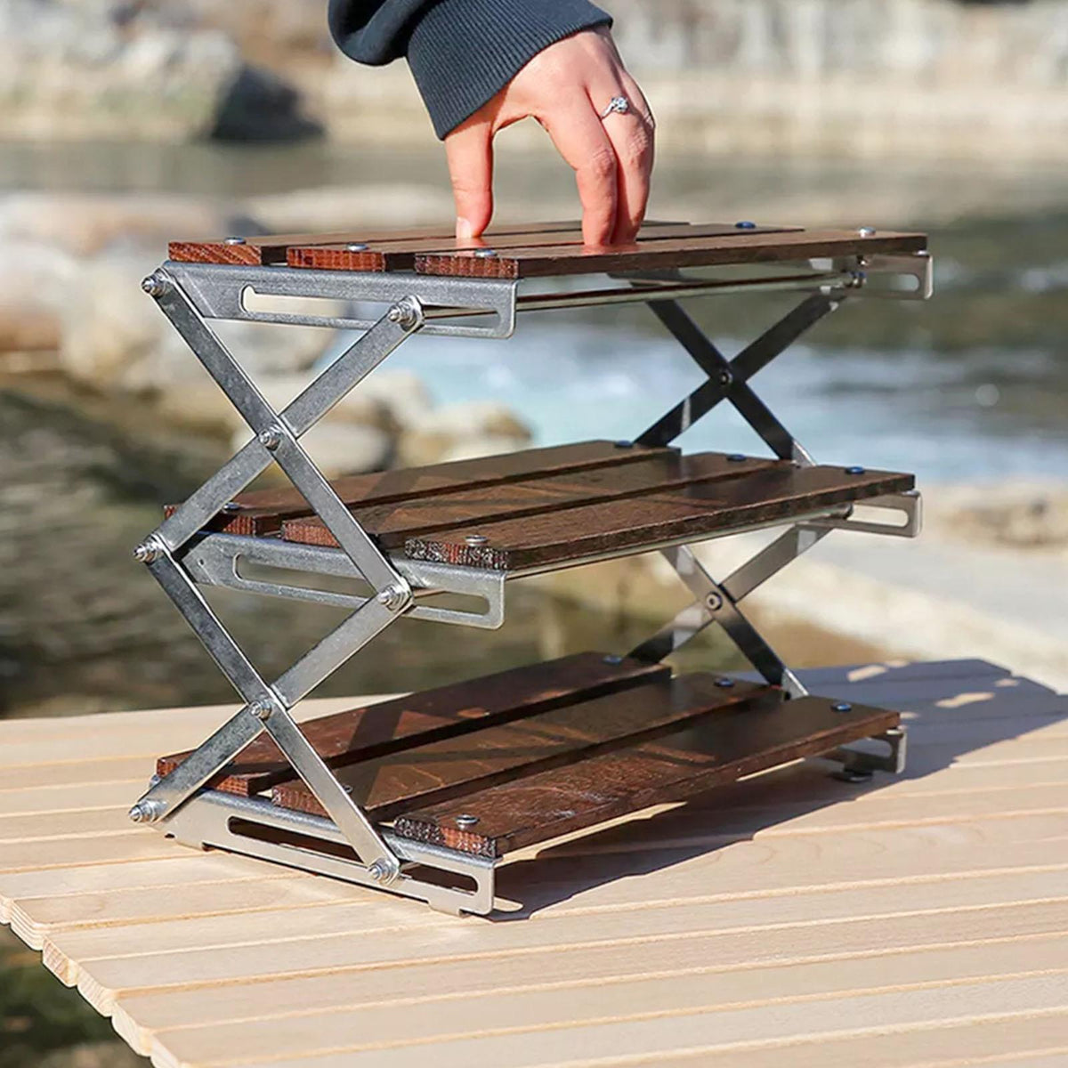 Folding Storage Rack Wooden 3-Layer Space-Saving with Open Shelves
