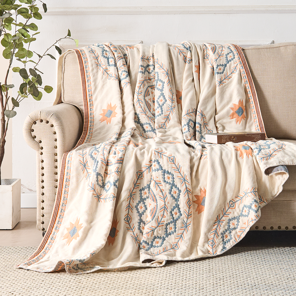 Geometric Throw Blanket Cotton | Double-Sided Reversible Pattern | Decorative Cover for Bed, Sofa, or Armchair
