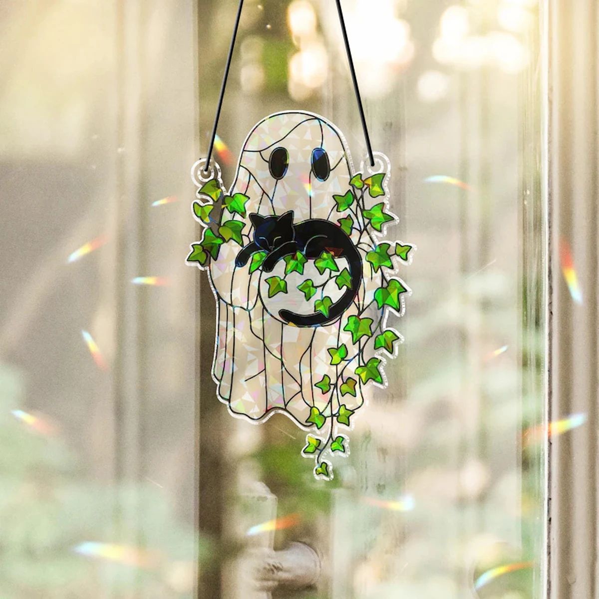 Ghost Acrylic Suncatcher Halloween Window Hanging | Black Cat & Green Leaf Design | Light-Catching Reusable Décor