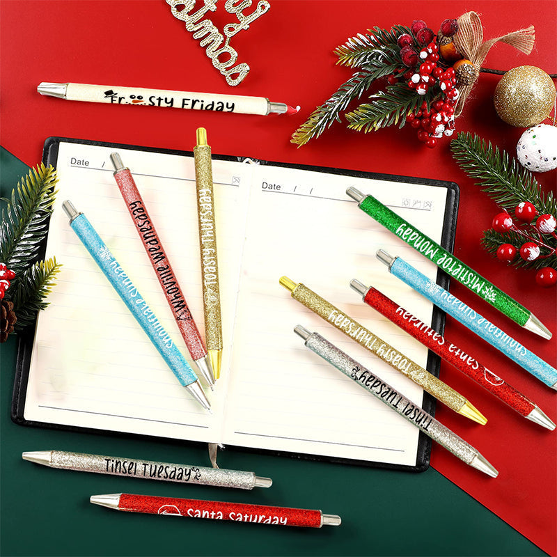 Glitter Ballpoint Pen Set for Christmas | 7-Pen Weekly Set with Daily Designs | Metal Build with Stainless Steel Tip