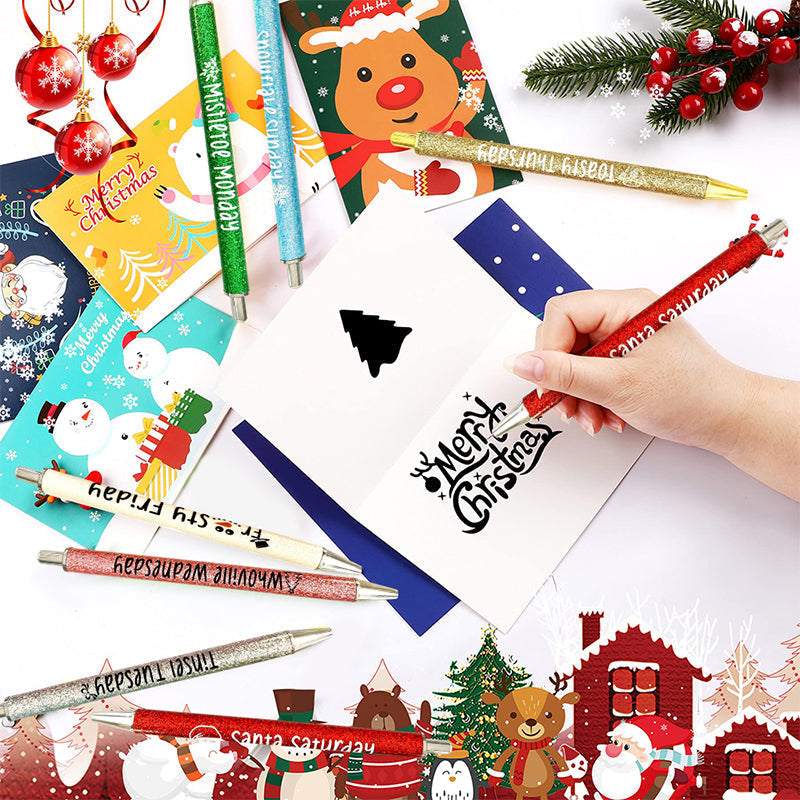 Glitter Ballpoint Pen Set for Christmas | 7-Pen Weekly Set with Daily Designs | Metal Build with Stainless Steel Tip