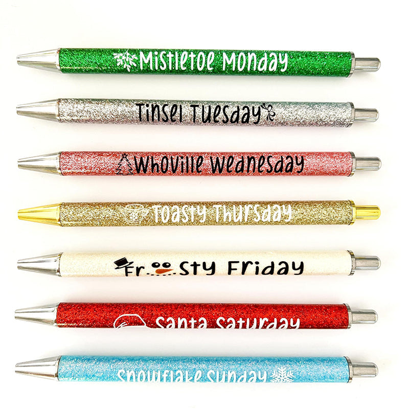 Glitter Ballpoint Pen Set for Christmas | 7-Pen Weekly Set with Daily Designs | Metal Build with Stainless Steel Tip