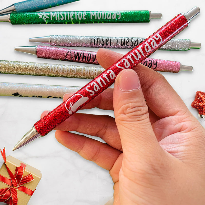 Glitter Ballpoint Pen Set for Christmas | 7-Pen Weekly Set with Daily Designs | Metal Build with Stainless Steel Tip