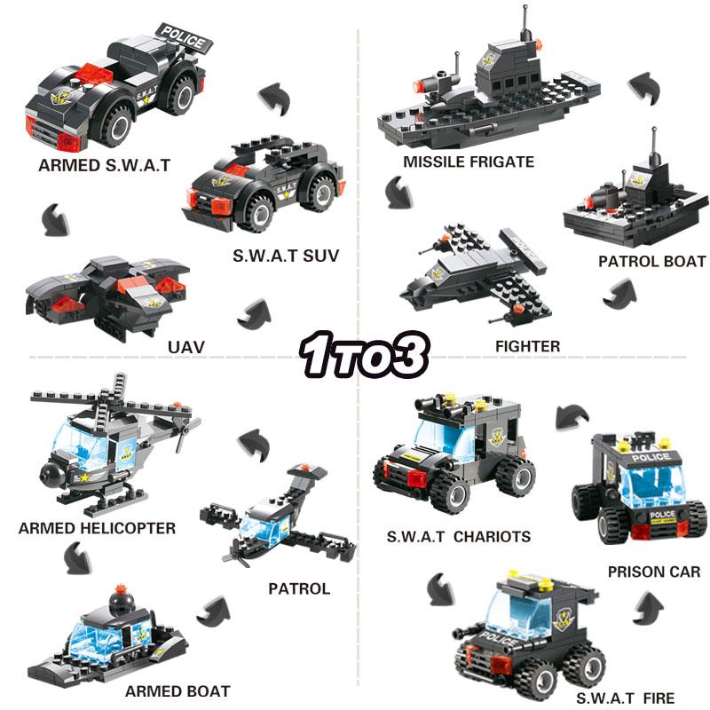 Building Block Police Truck Set 8-in-1 | SWAT Cars, Tanks, Helicopter Shapes | 647 Self-Locking Plastic Bricks, Compatible Design 8