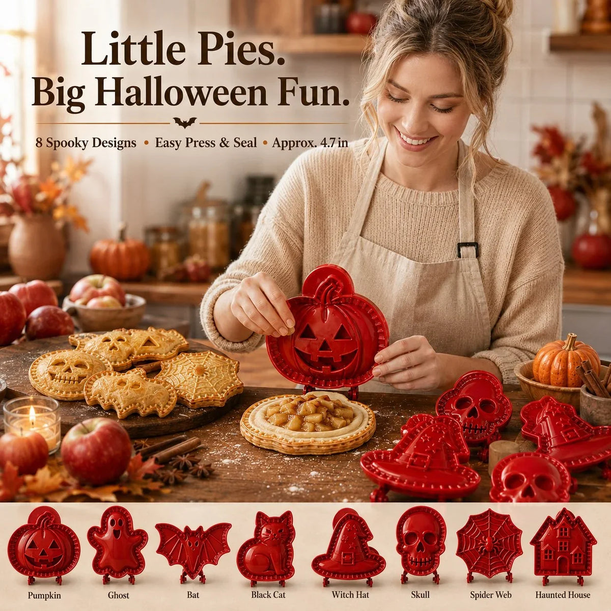 Halloween Pie Mould Hinged Plastic 8 Spooky Shapes with Snap-Seal Edges