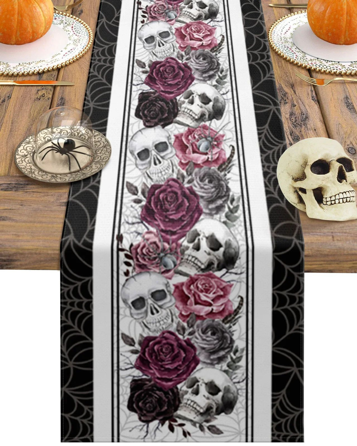 Halloween Table Runner Skull Crow Rose Print | Gothic Vintage Style Linen Blend | Stain Resistant Party Decor Piece