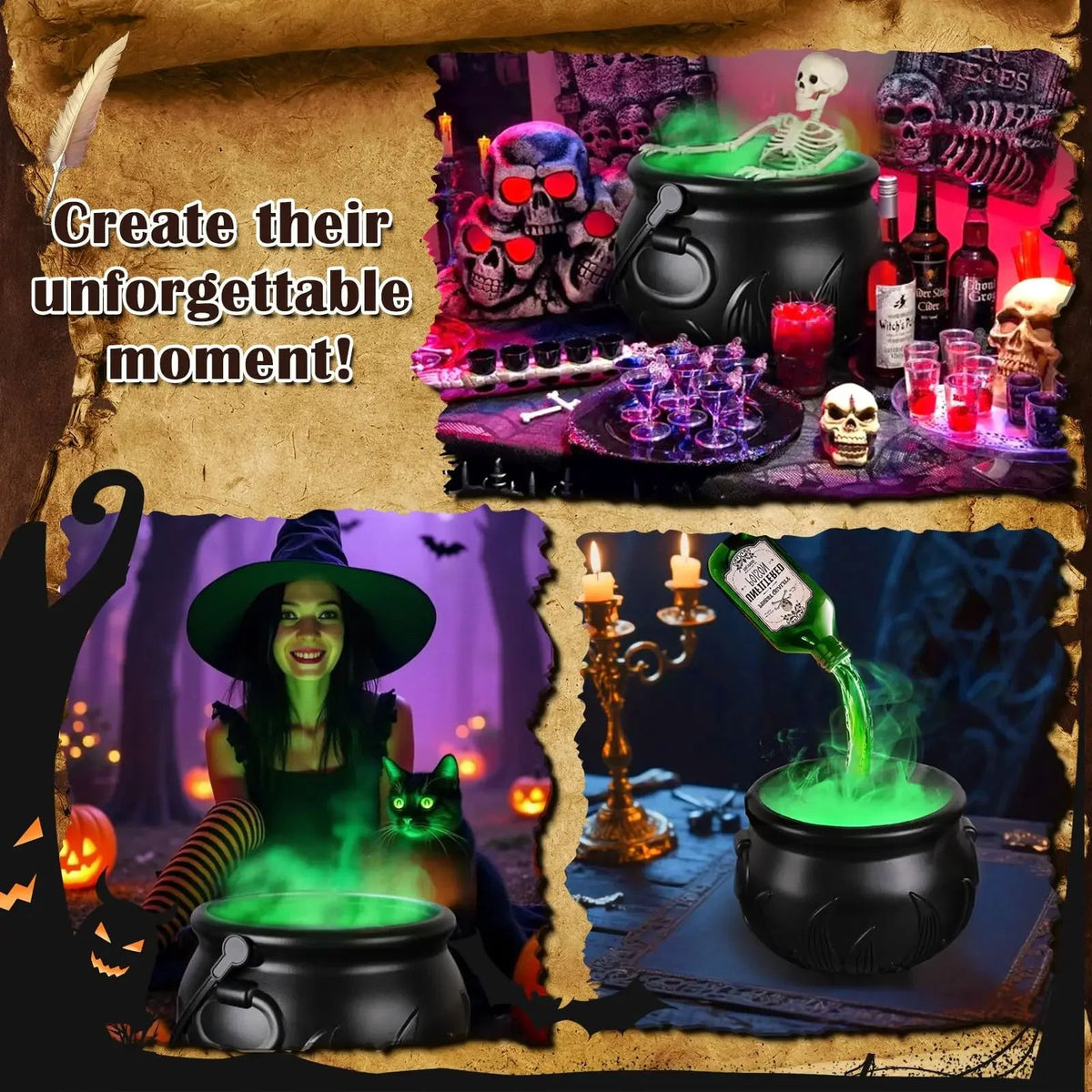 Halloween Witch Cauldron Fog Maker | LED Skeleton Mist Effect | Reusable Glowing Potion Decoration for Parties & Displays