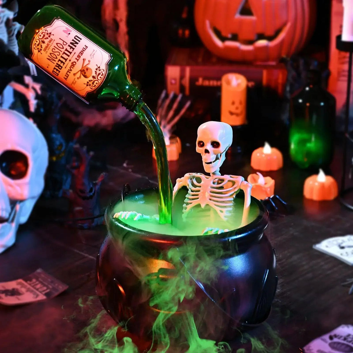 Halloween Witch Cauldron Fog Maker | LED Skeleton Mist Effect | Reusable Glowing Potion Decoration for Parties & Displays