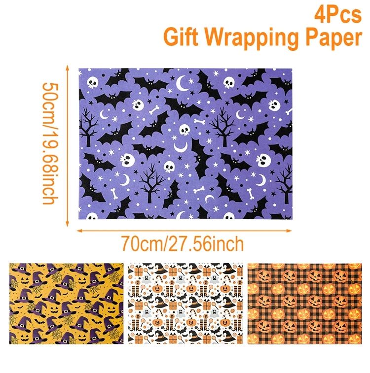 Halloween Wrapping Paper Ghost Pumpkin Bat Pattern | 4 Sheet Tissue Paper Pack | Lightweight Craft & Gift Wrap Sheets