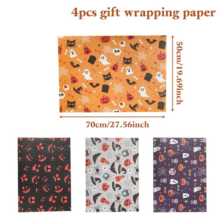 Halloween Wrapping Paper Ghost Pumpkin Bat Pattern | 4 Sheet Tissue Paper Pack | Lightweight Craft & Gift Wrap Sheets