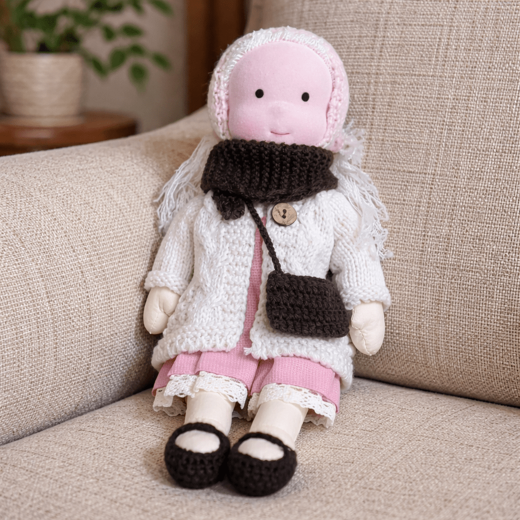 Handmade Waldorf Doll, Cotton & Plush| Minimalist Face for Imaginative Play | Sturdy Plastic Head, Cuddly Body