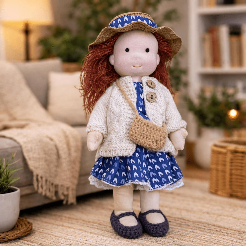 Handmade Waldorf Doll, Cotton & Plush| Minimalist Face for Imaginative Play | Sturdy Plastic Head, Cuddly Body
