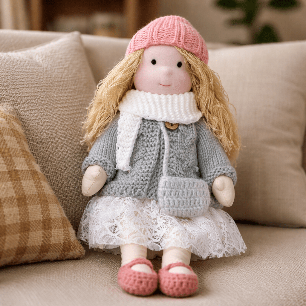 Handmade Waldorf Doll, Cotton & Plush| Minimalist Face for Imaginative Play | Sturdy Plastic Head, Cuddly Body