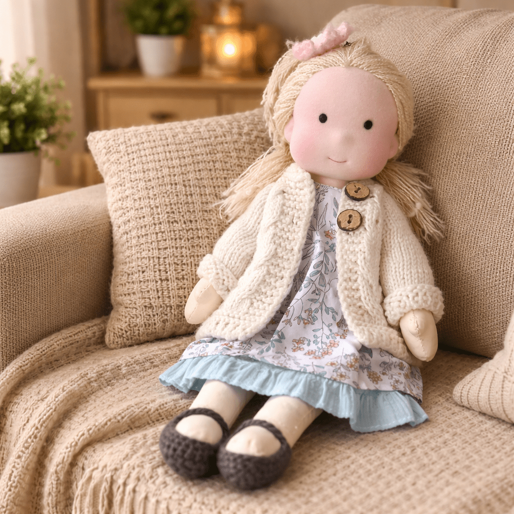 Handmade Waldorf Doll, Cotton & Plush| Minimalist Face for Imaginative Play | Sturdy Plastic Head, Cuddly Body