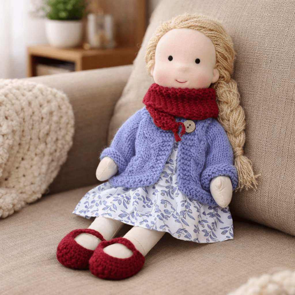 Handmade Waldorf Doll, Cotton & Plush| Minimalist Face for Imaginative Play | Sturdy Plastic Head, Cuddly Body