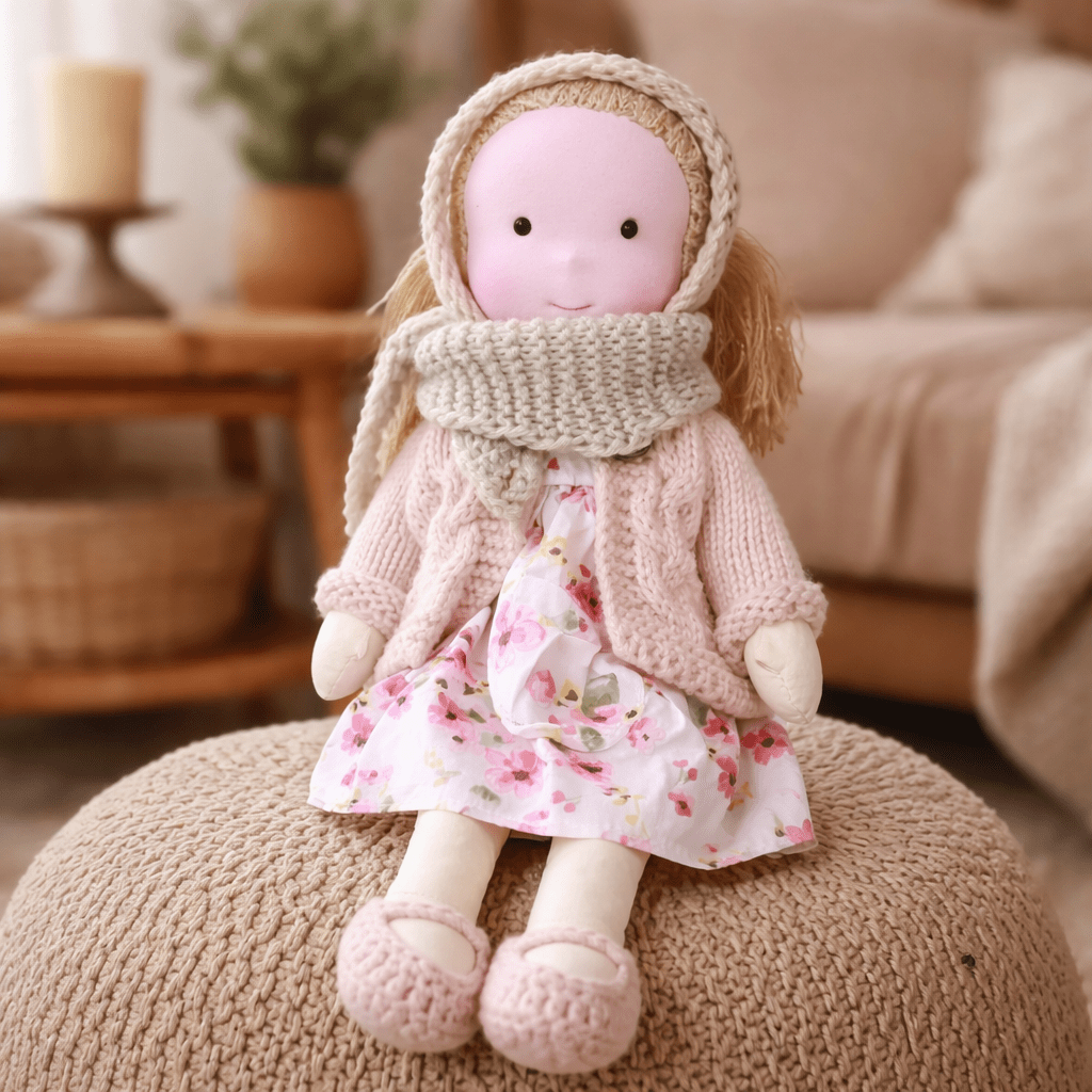Handmade Waldorf Doll, Cotton & Plush| Minimalist Face for Imaginative Play | Sturdy Plastic Head, Cuddly Body