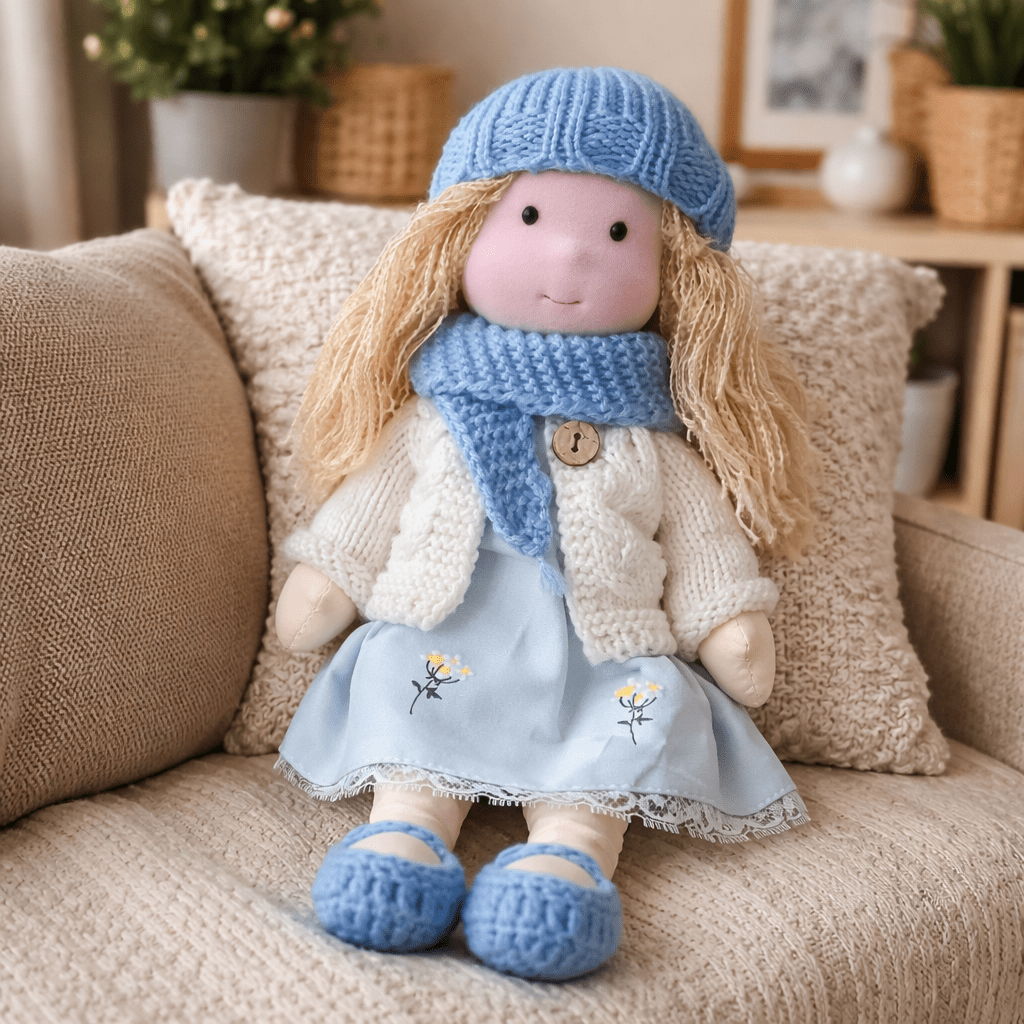 Handmade Waldorf Doll, Cotton & Plush| Minimalist Face for Imaginative Play | Sturdy Plastic Head, Cuddly Body