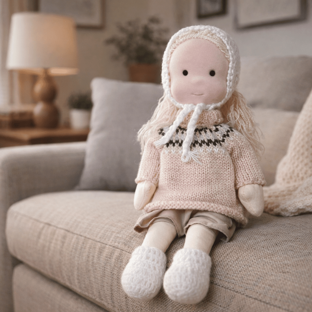 Handmade Waldorf Doll, Cotton & Plush| Minimalist Face for Imaginative Play | Sturdy Plastic Head, Cuddly Body