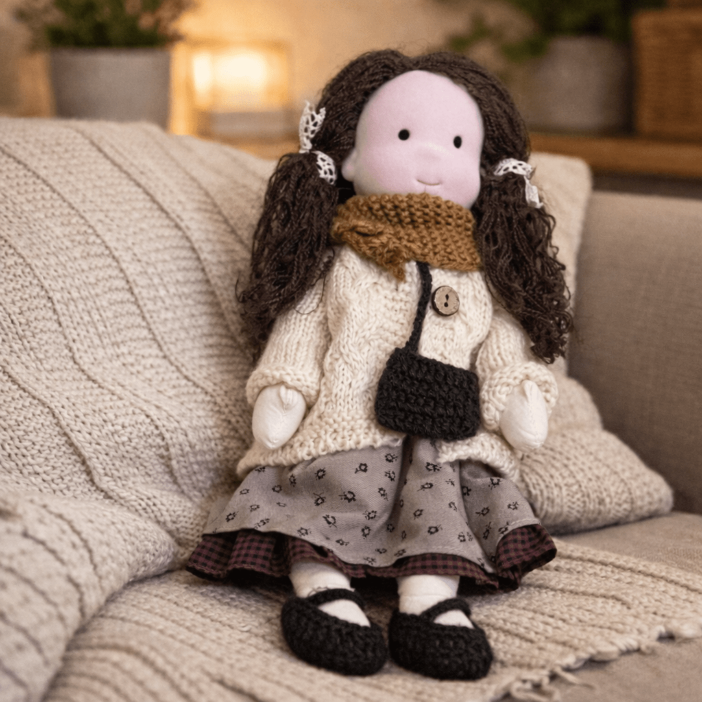 Handmade Waldorf Doll, Cotton & Plush| Minimalist Face for Imaginative Play | Sturdy Plastic Head, Cuddly Body