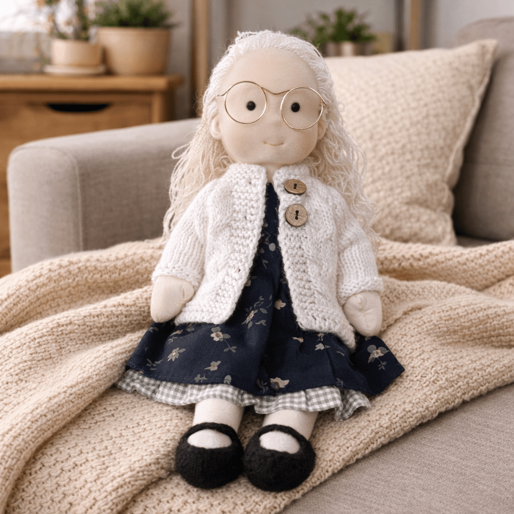 Handmade Waldorf Doll, Cotton & Plush| Minimalist Face for Imaginative Play | Sturdy Plastic Head, Cuddly Body
