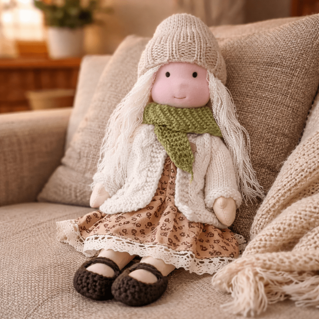 Handmade Waldorf Doll, Cotton & Plush| Minimalist Face for Imaginative Play | Sturdy Plastic Head, Cuddly Body