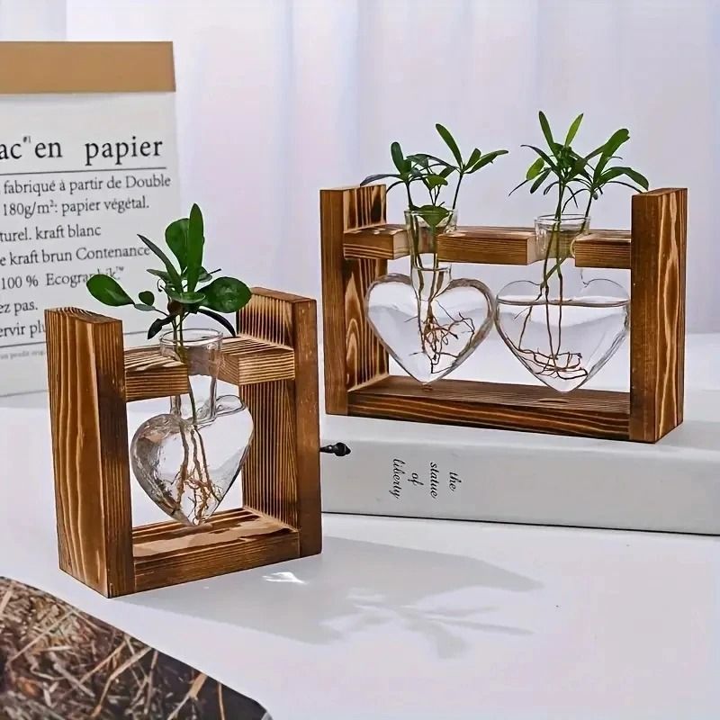 Heart Shaped Glass Vase with Wooden Frame | Hydroponic Propagation Stand for Cuttings | Clear Design Shows Root Growth