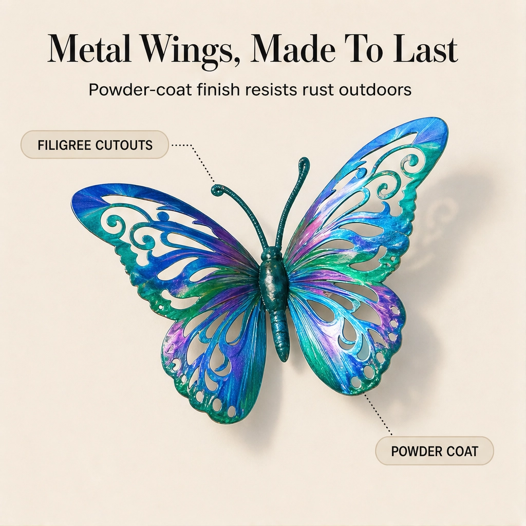 Iron Butterfly Garden Wall Decor Set of 4 | Hand-Painted Weatherproof Sealed Finish | Hooks Included, No Tools Needed