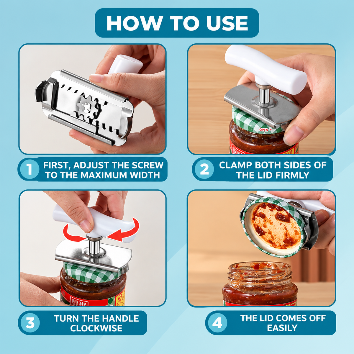 Jar and Bottle Opener Stainless Steel | Adjustable Clamp Grips Lids 2.5-9.5cm | Effortless Opening, No Hand Strain