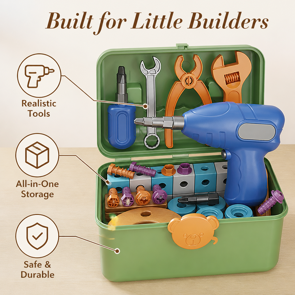 Kids Building Toy Set with Real Electric Drill | 124-190 Non-Toxic Pieces | Portable Storage Case for Creative Play