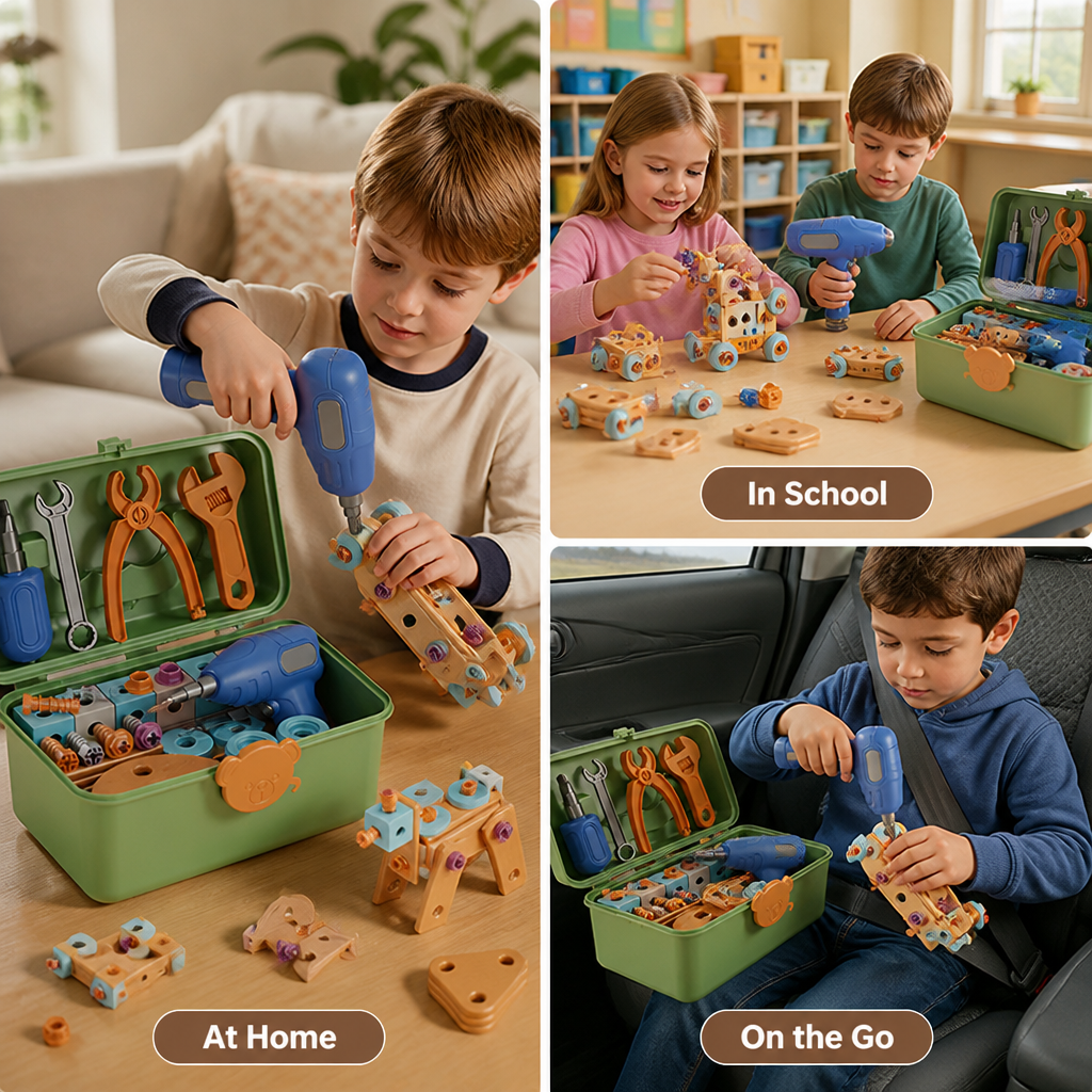 Kids Building Toy Set with Real Electric Drill | 124-190 Non-Toxic Pieces | Portable Storage Case for Creative Play