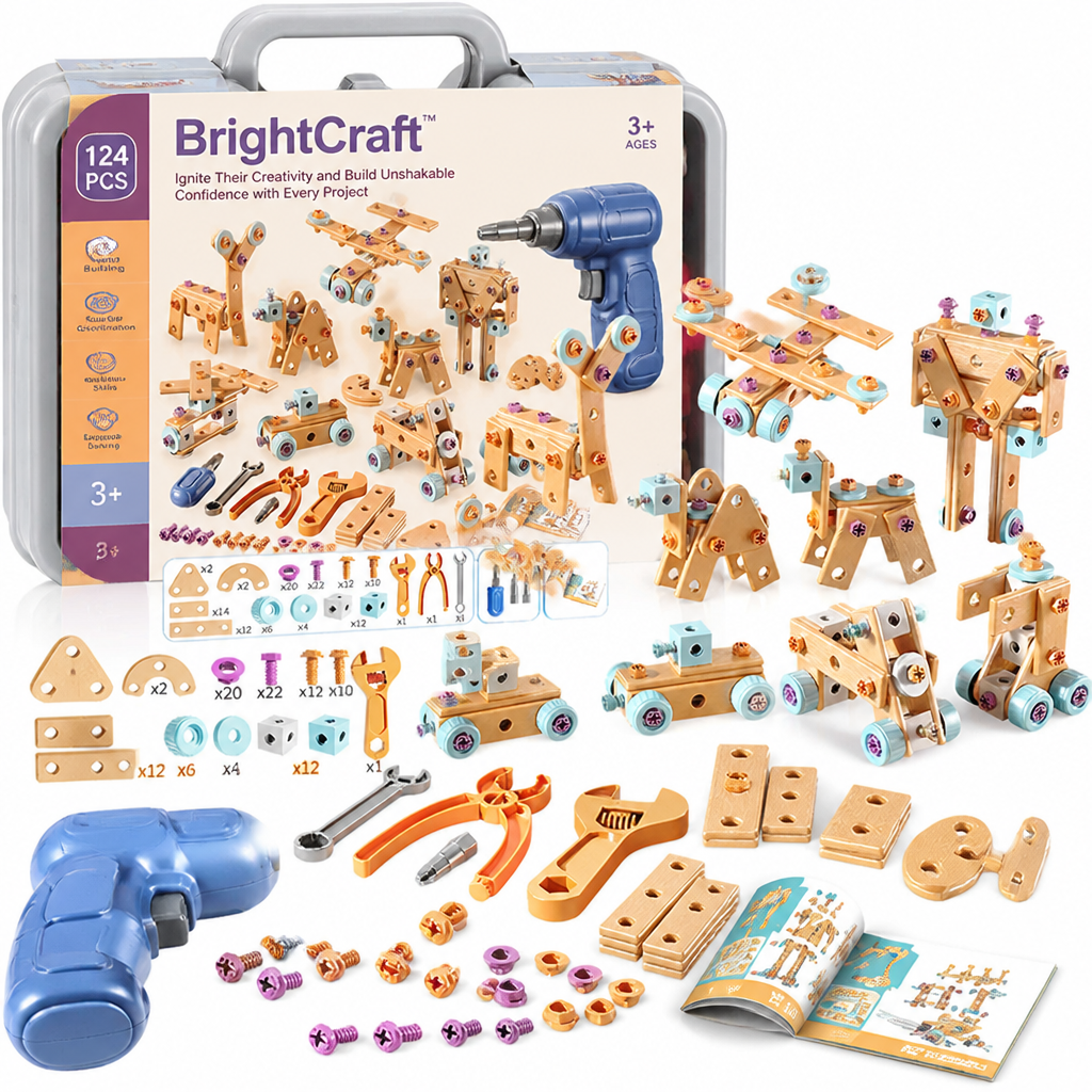 Kids Building Toy Set with Real Electric Drill | 124-190 Non-Toxic Pieces | Portable Storage Case for Creative Play