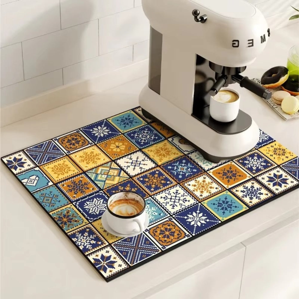 Kitchen Counter Mat | Retro Tile Print, Absorbent Surface