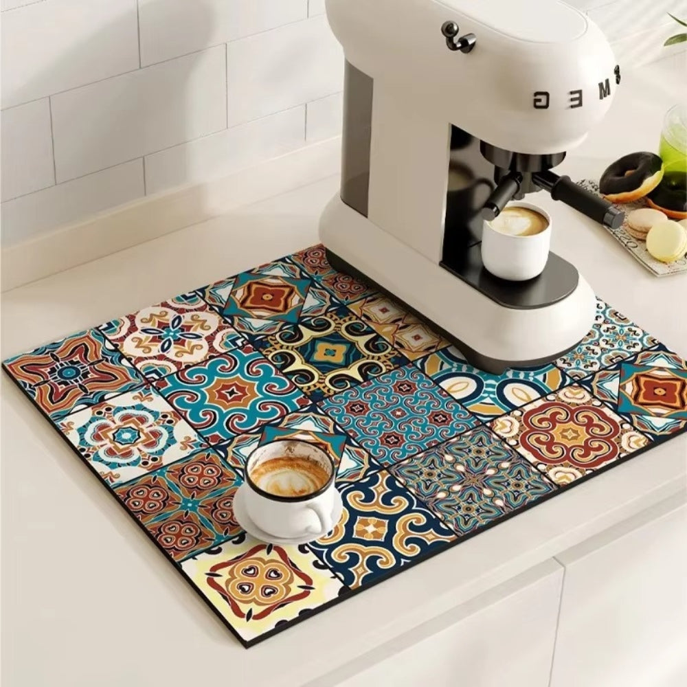Kitchen Counter Mat | Retro Tile Print, Absorbent Surface