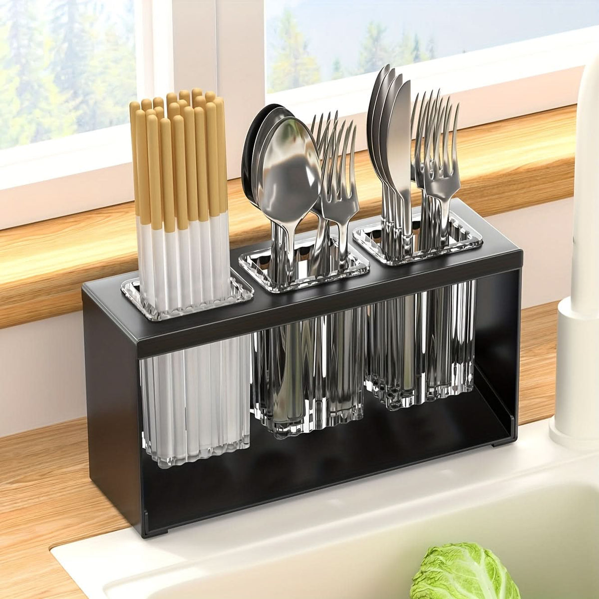 Kitchen Organizer Chopstick Holder Compact Plastic with Water Drain Design